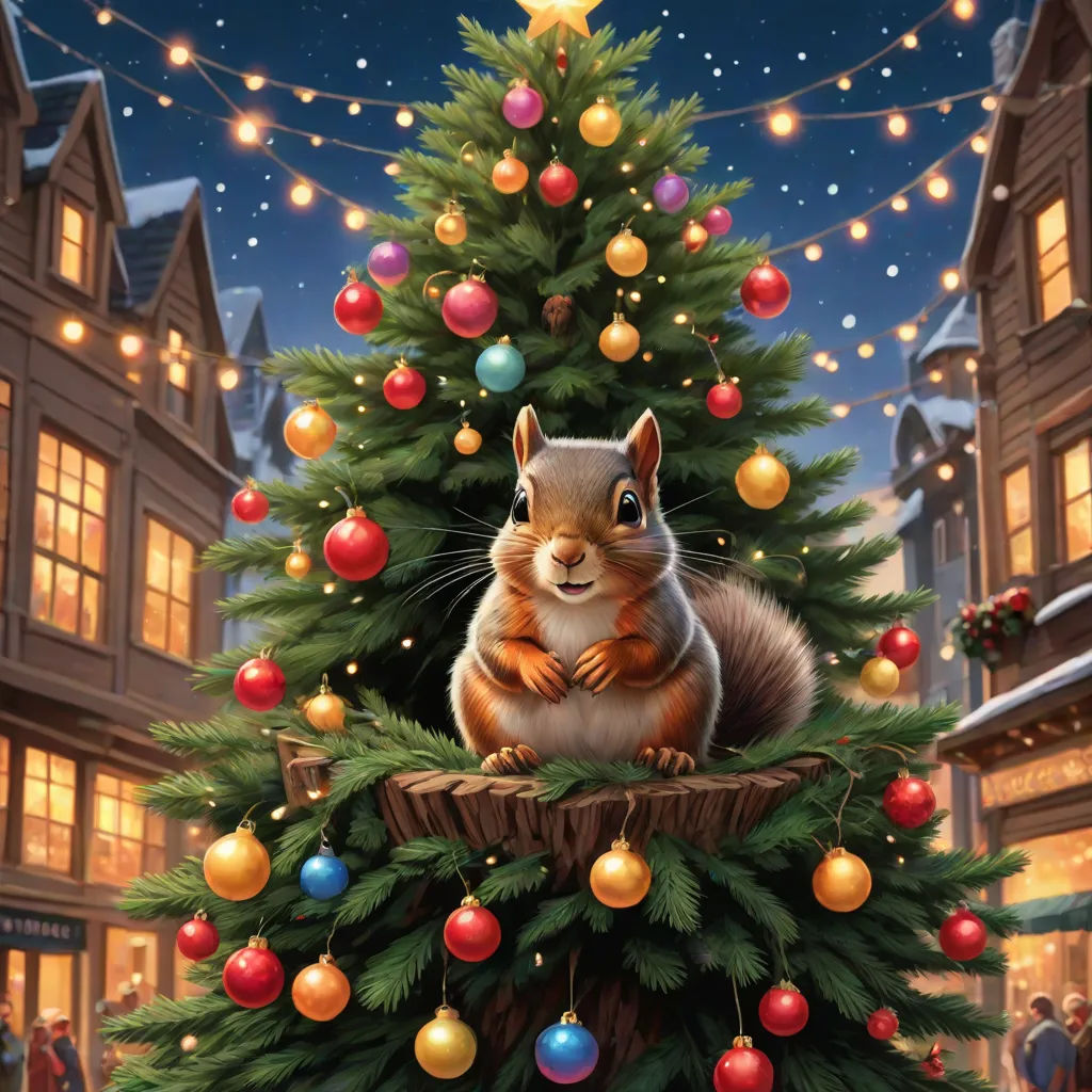 a squirrel sitting on top of a christmas tree in front of a building with lights on it and a christmas tree in the background, official art, naive art, a digital rendering, Chris LaBrooy