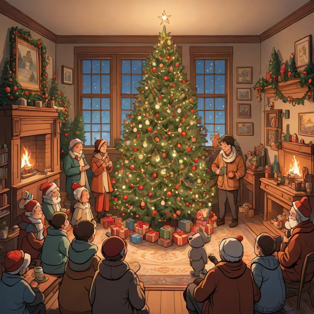 a group of people standing around a christmas tree in a living room with a fire place and a christmas tree, official art, dau-al-set, a storybook illustration, Ernest William Christmas