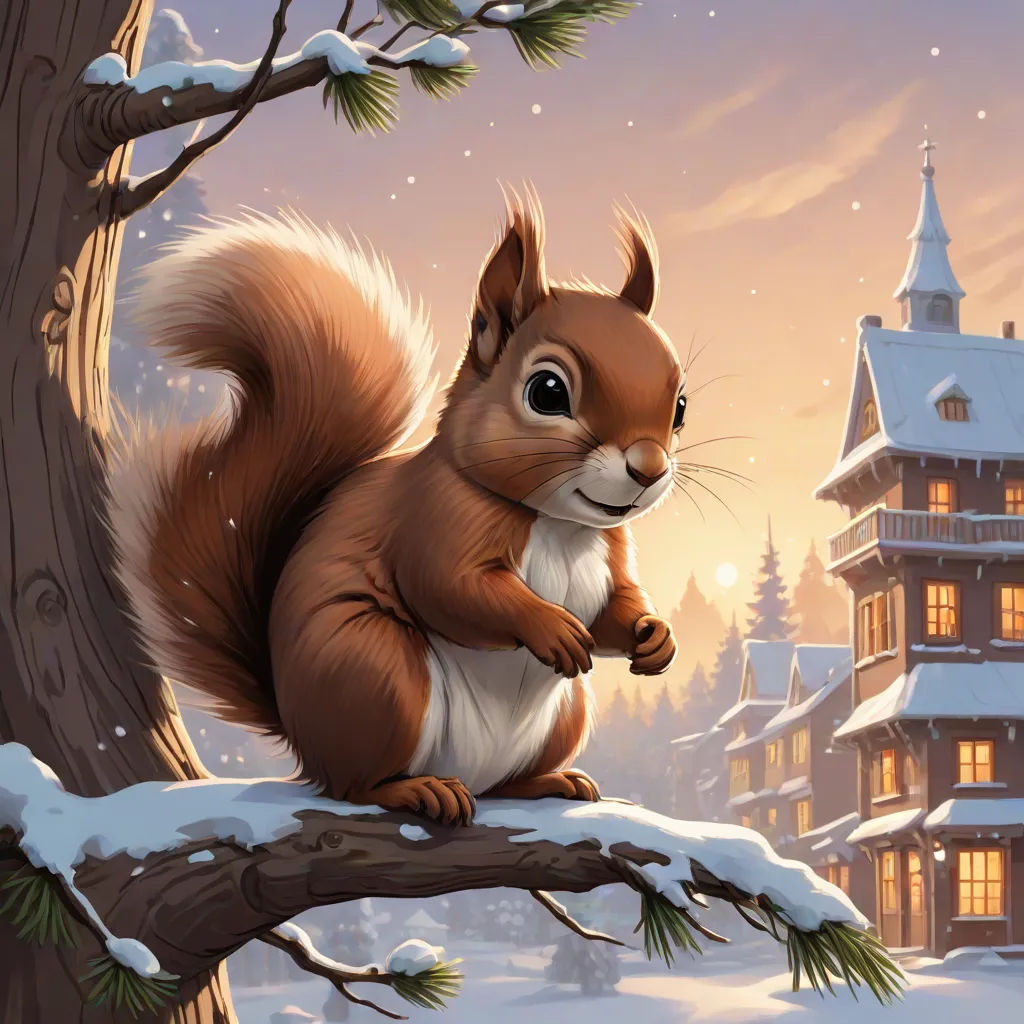a squirrel sitting on a tree branch in front of a snowy house with a lit up window and a lit up tree, official art, sots art, a storybook illustration, Chris LaBrooy