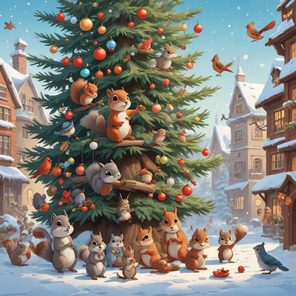 a christmas tree with many animals around it and a bird on the top of it, and a bird on the bottom of the tree, kinkade, naive art, a storybook illustration, Chris LaBrooy