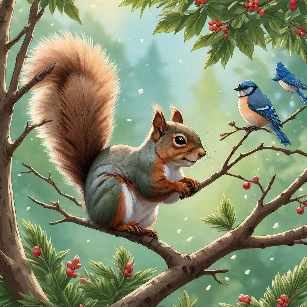 a squirrel and a bird are sitting on a tree branch in the forest, with berries and berries on the branches, highly detailed digital painting, american scene painting, a storybook illustration, Chris LaBrooy