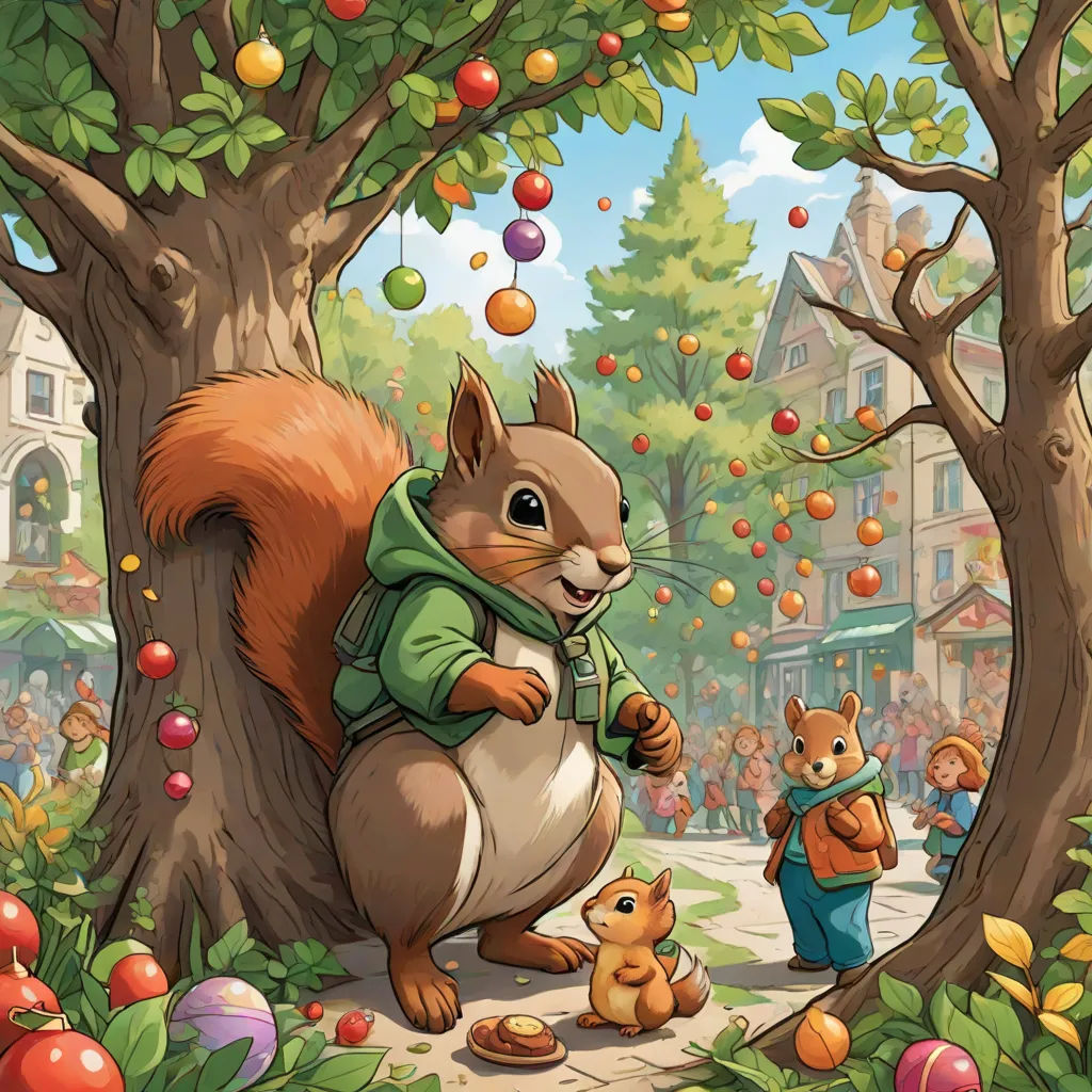 a squirrel and two small children are in a park with trees and oranges in the background, and a man is holding a small child, official art, furry art, a storybook illustration, Chris LaBrooy