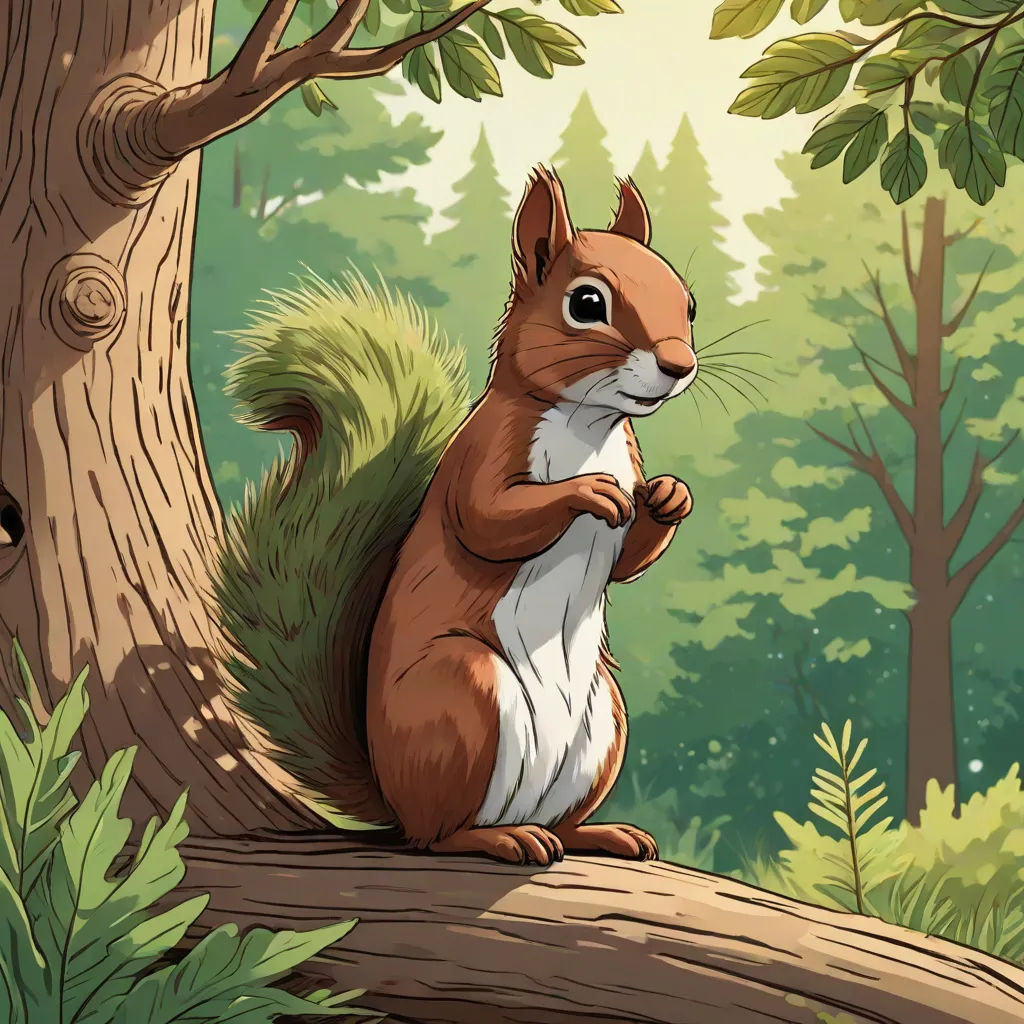 a squirrel standing on a tree branch in a forest with a tree trunk and a tree trunk in the background, storybook illustration, furry art, a storybook illustration, Chris LaBrooy