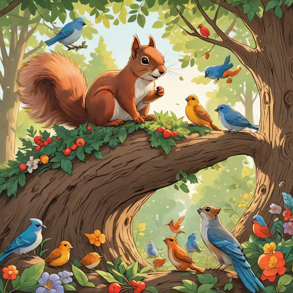 a squirrel is sitting on a tree branch with many birds around it and a bird feeder in the foreground, storybook illustration, american scene painting, a storybook illustration, Chris LaBrooy