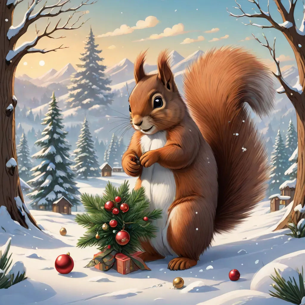 a squirrel is holding a christmas tree in a snowy forest with a christmas decoration on it's chest, official art, naive art, an airbrush painting, Chris LaBrooy