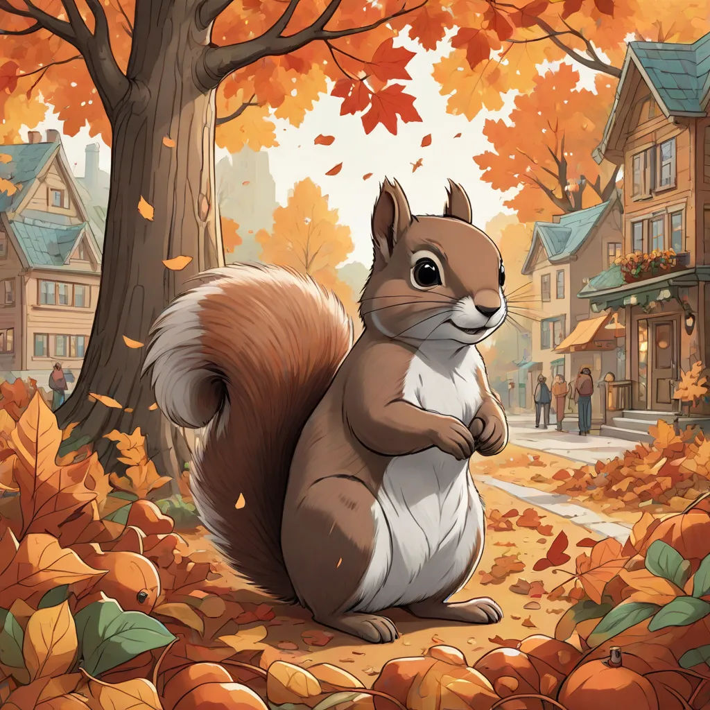 a squirrel is sitting in the leaves of a tree in a city park with houses and trees in the background, official art, american scene painting, a storybook illustration, Chris LaBrooy