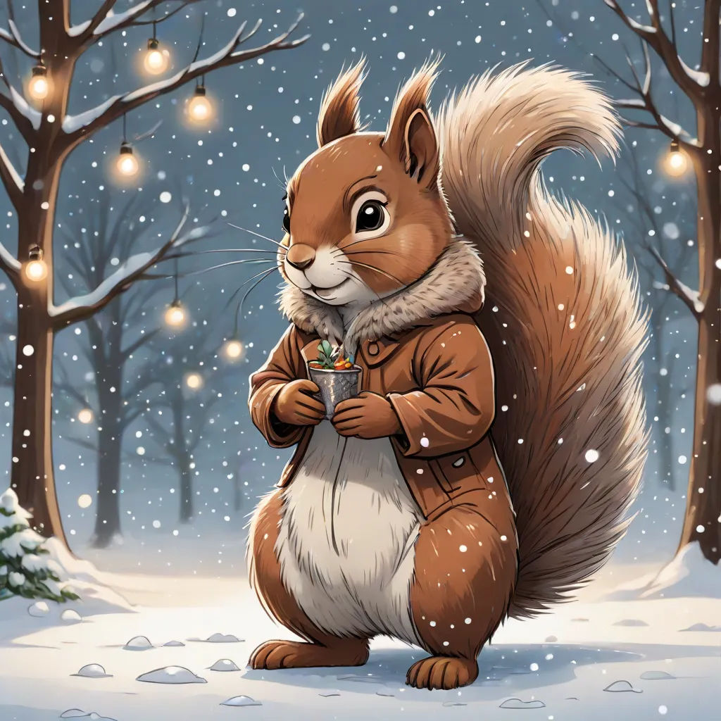 a squirrel is holding a cup of coffee in the snow with a christmas tree in the background and lights on the ground, official art, furry art, a storybook illustration, Chris LaBrooy