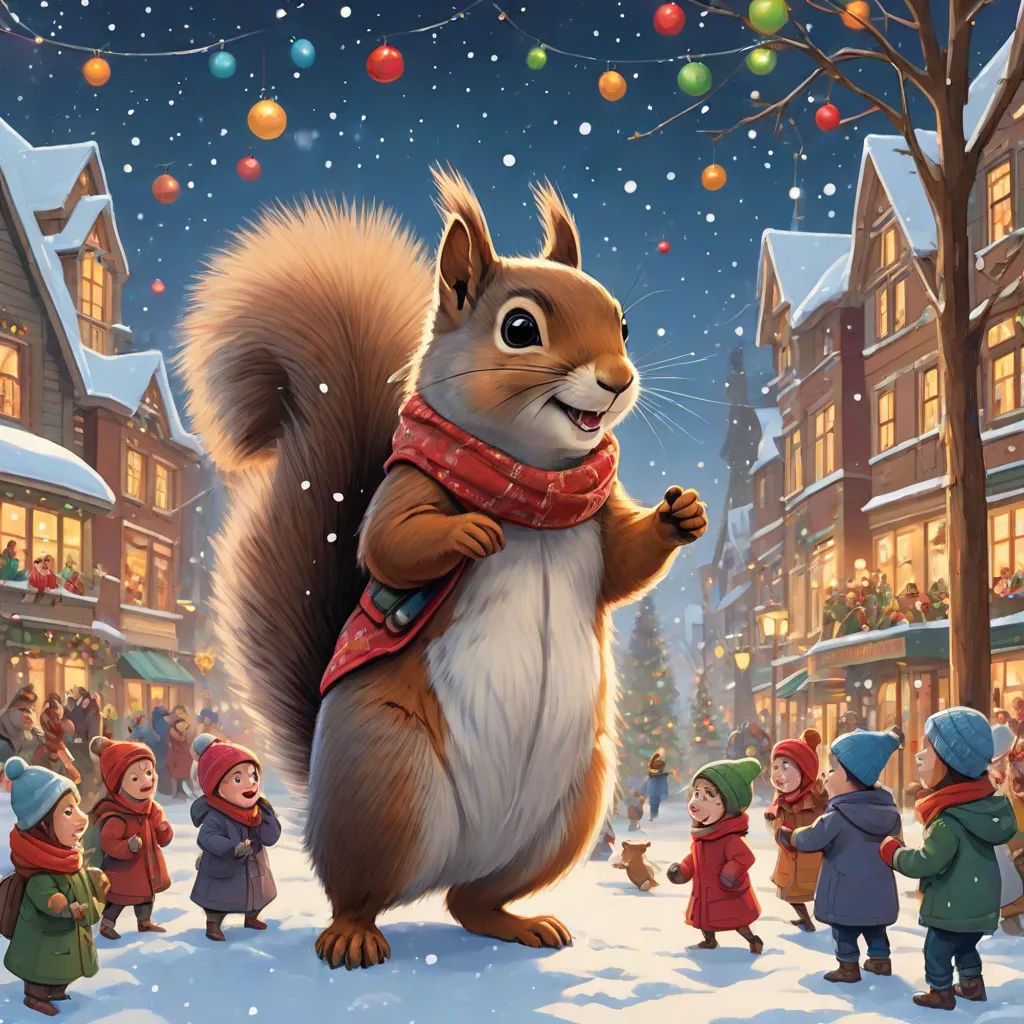 a squirrel is standing in the snow with a scarf around its neck and a group of children around him, official art, furry art, a storybook illustration, Chris LaBrooy