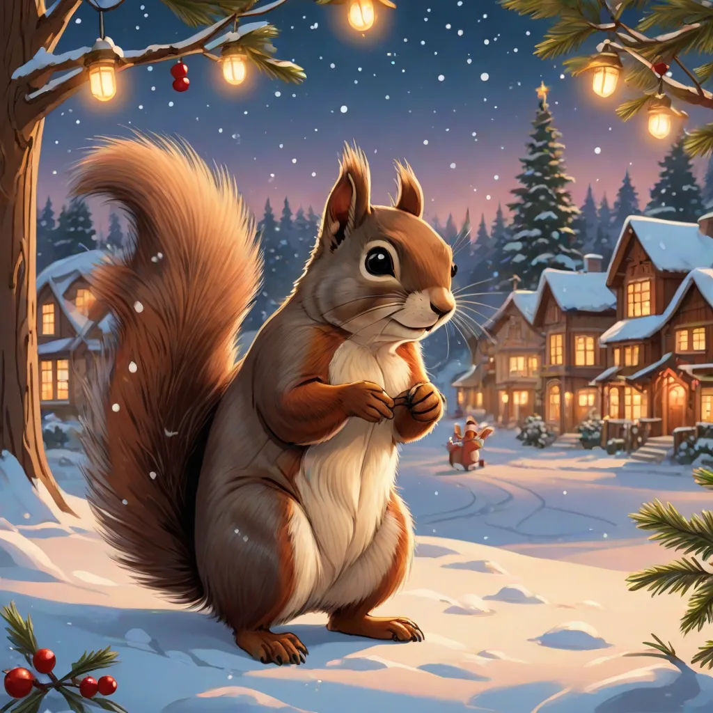 a squirrel is standing in the snow by a christmas tree and a house with lights on it's roof, official art, furry art, a storybook illustration, Chris LaBrooy