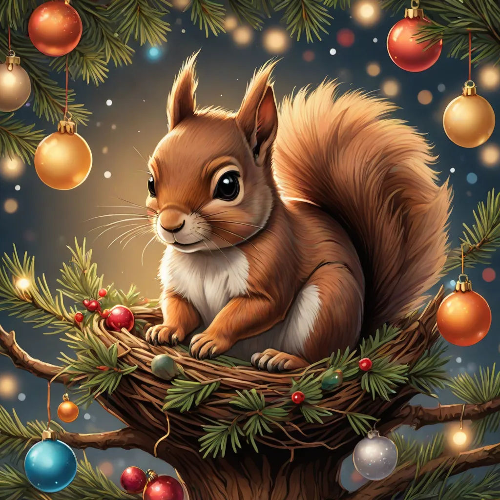 a squirrel sitting on a branch with ornaments around it and a christmas tree in the background with a blue sky, highly detailed digital painting, fantasy art, a detailed painting, Chris LaBrooy