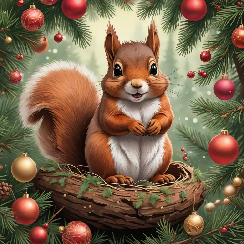 a squirrel sitting in a nest surrounded by christmas decorations and balls, with a pine tree in the background, highly detailed digital painting, naive art, a detailed painting, Chris LaBrooy