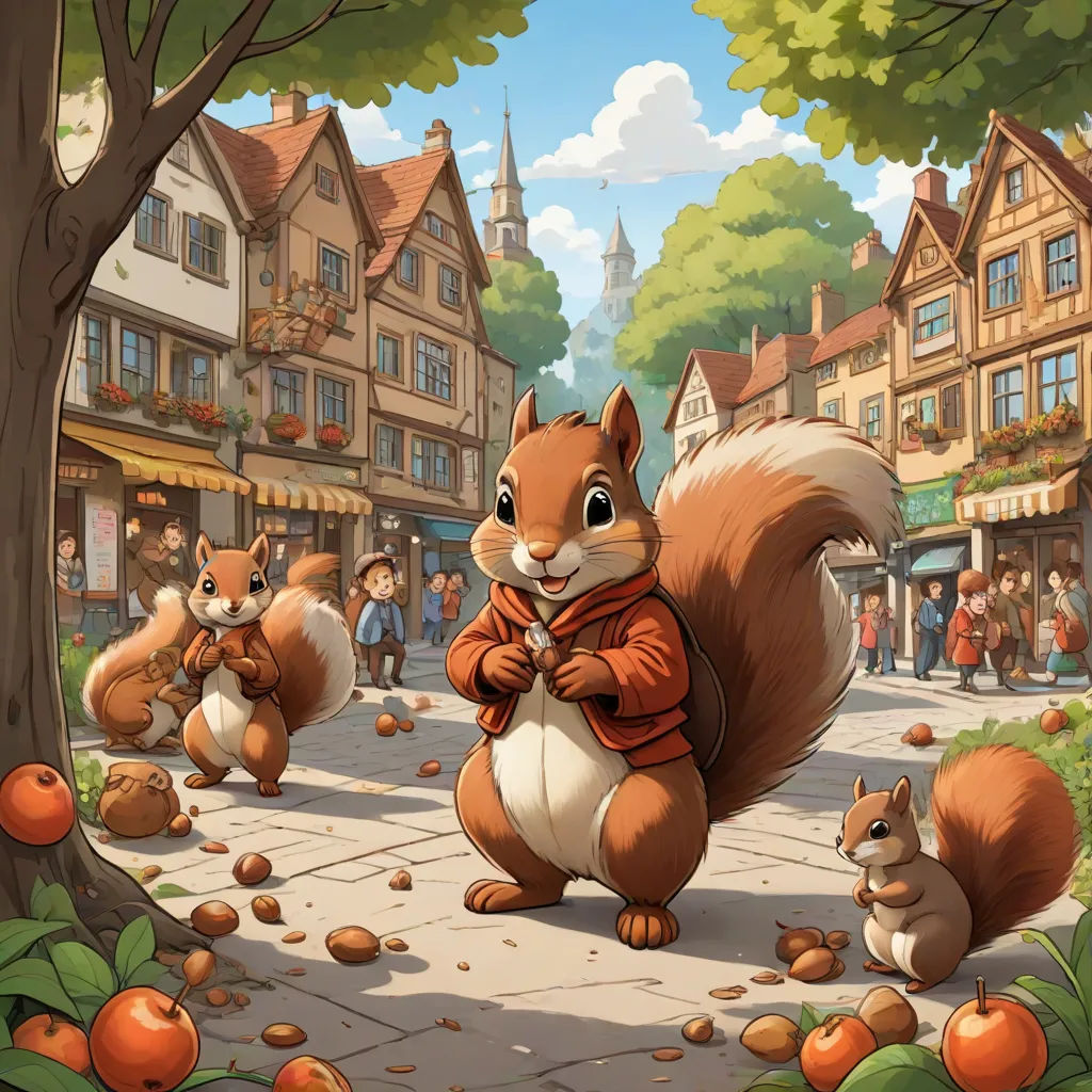 a squirrel is standing in the middle of a street with other squirrels around it and people walking around the street, official art, altermodern, a storybook illustration, Chris LaBrooy