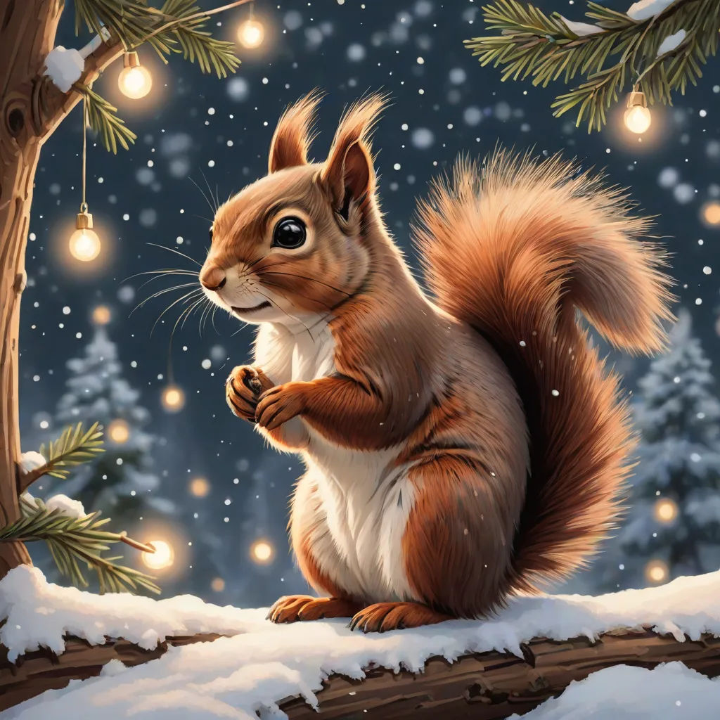 a painting of a squirrel on a snowy night with lights in the background and a tree branch in the foreground, official art, furry art, a storybook illustration, Chris LaBrooy