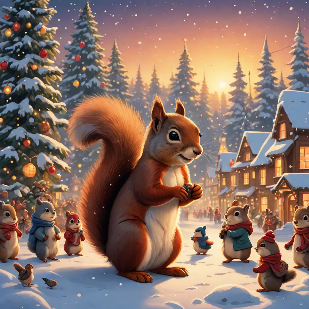 a painting of a squirrel surrounded by other animals in a snowy scene with a christmas tree and a lit up house, official art, furry art, a storybook illustration, Chris LaBrooy