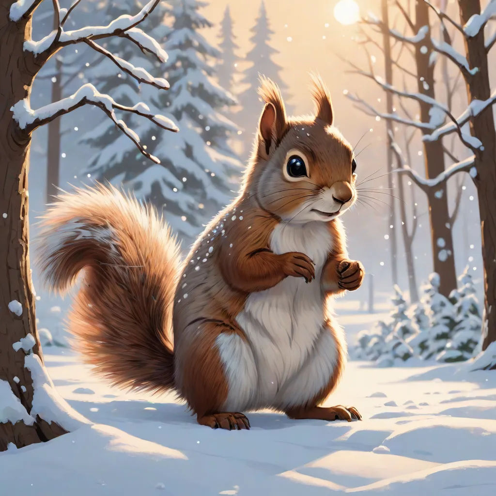 a squirrel is standing in the snow in front of a tree and a sun light in the background,, official art, furry art, an airbrush painting, Chris LaBrooy