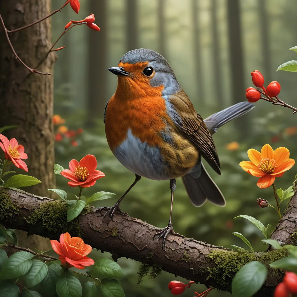 a bird sitting on a branch in a forest with flowers and trees in the background, with a forest of red flowers and a bird on the branch, photorealism, a digital painting, Chris LaBrooy, highly detailed digital painting