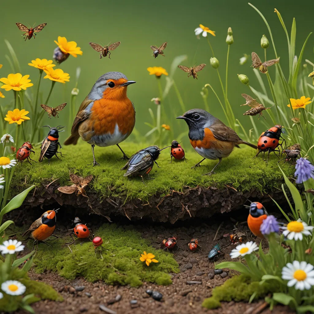 a group of birds standing on top of a moss covered ground next to flowers and butterflies on a green surface, ecological art, a photorealistic painting, Chris LaBrooy, highly detailed digital painting