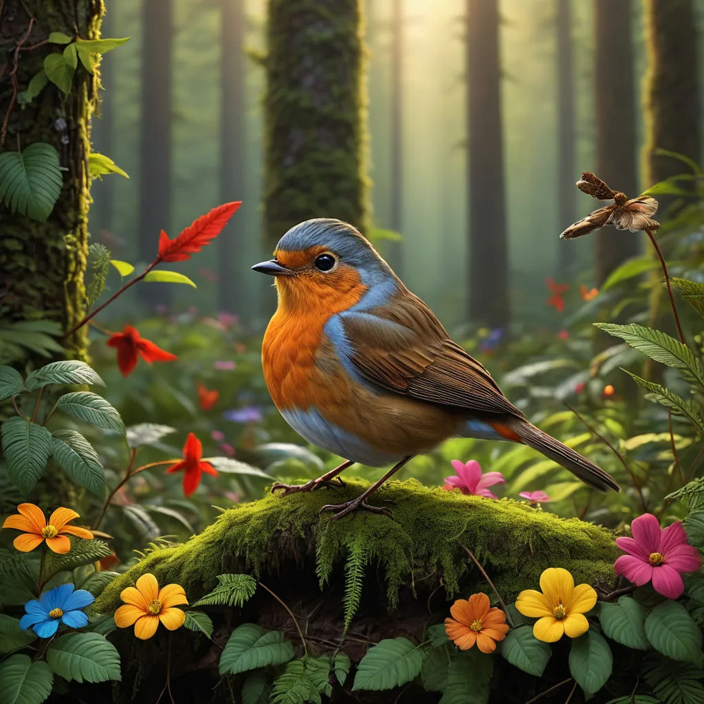 a bird sitting on a mossy branch in a forest with flowers and plants around it and a bird on the branch, magic realism, a digital painting, Chris LaBrooy, highly detailed digital painting