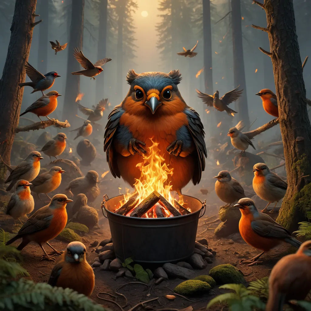 a painting of a bird sitting on a fire in a forest with many birds around it and a full moon in the sky, fantasy art, a storybook illustration, Chris LaBrooy, highly detailed digital painting