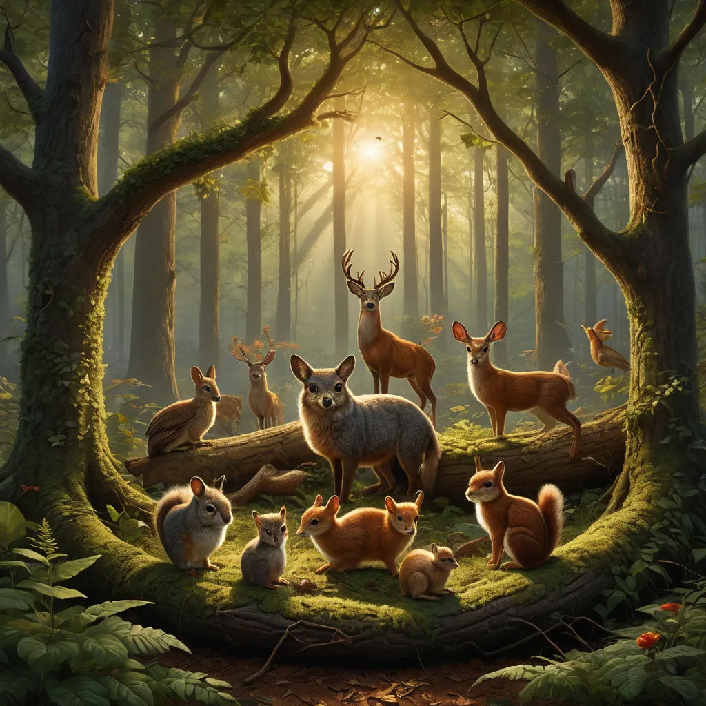 a painting of a forest with deer and other animals in the woods, with sunlight coming through the trees, magic realism, a storybook illustration, Chris LaBrooy, highly detailed digital painting