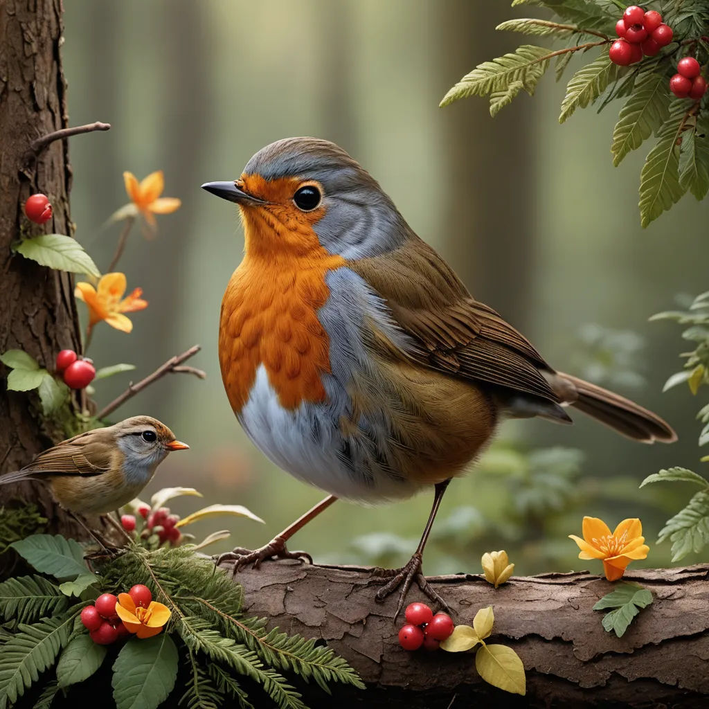 a painting of two birds on a branch with berries and leaves around them and a pine tree in the background, photorealism, an airbrush painting, Chris LaBrooy, highly detailed digital painting