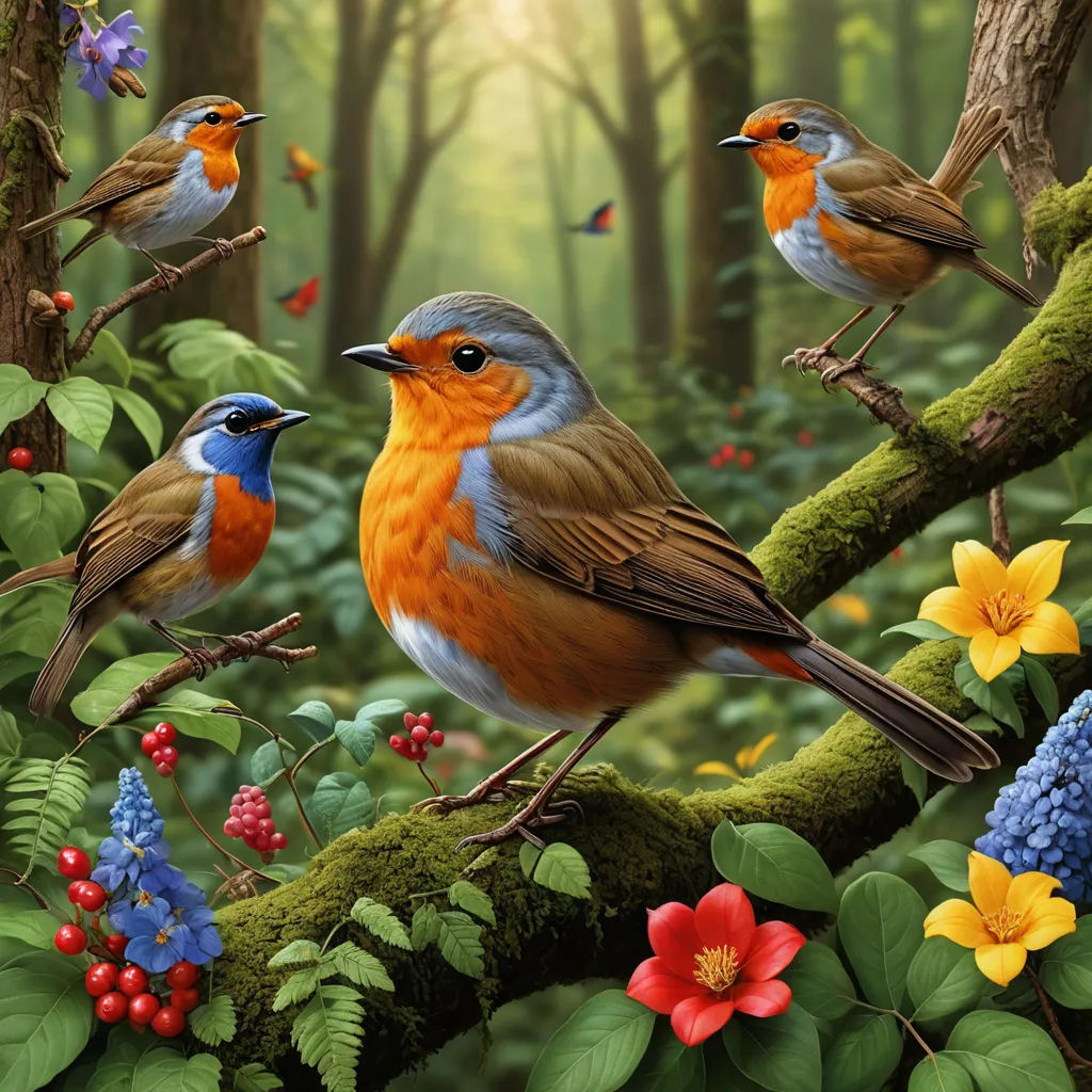 a painting of three birds sitting on a branch in a forest with flowers and butterflies around them, and a forest background, fantasy art, a detailed painting, Chris LaBrooy, highly detailed digital painting