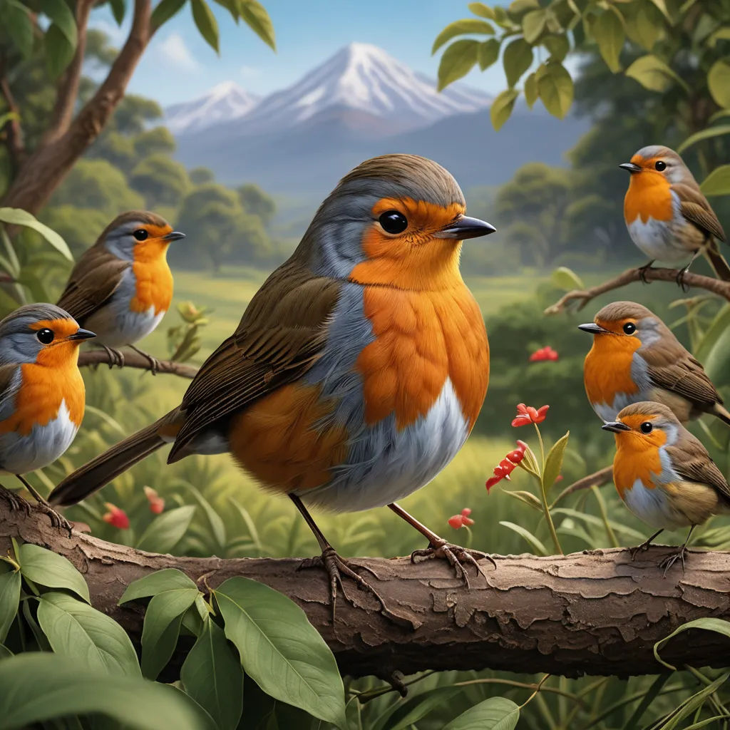 a painting of a group of birds sitting on a branch in a forest with a mountain in the background, photorealism, an airbrush painting, Chris LaBrooy, highly detailed digital painting
