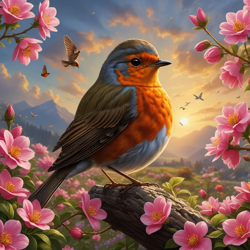 a bird sitting on a branch with pink flowers in the background and a bird flying over it in the foreground, fantasy art, an airbrush painting, Dan Mumford, highly detailed digital painting