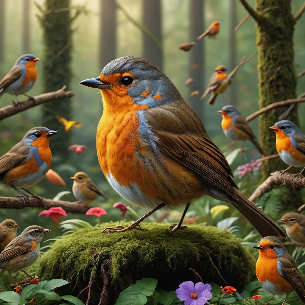 a painting of a group of birds in a forest with flowers and mossy ground and trees in the background, photorealism, a photorealistic painting, Chris LaBrooy, highly detailed digital painting