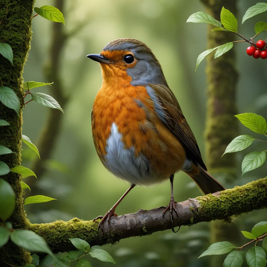 a bird sitting on a branch in a forest with berries on it's tree limb and leaves around it, photorealism, a digital painting, David Martin, highly detailed digital painting