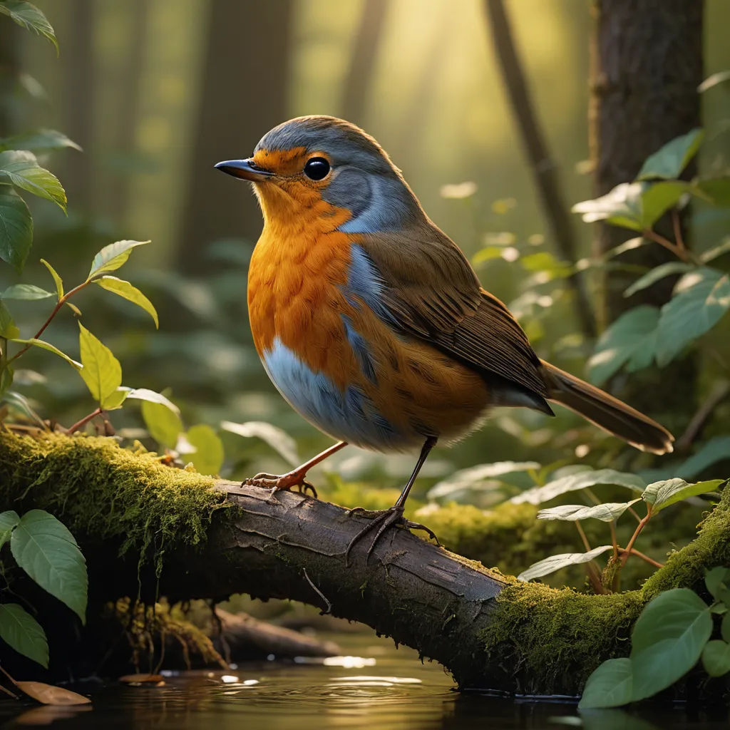 a bird sitting on a branch in a forest with water and plants around it, with sunlight shining through the trees, photorealism, a photorealistic painting, David Martin, ultra realistic digital art