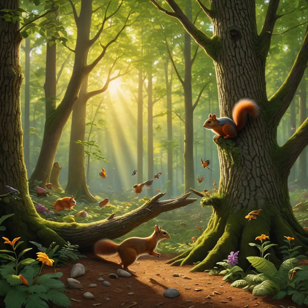a painting of a forest with a squirrel and other animals in the woods, with sunlight streaming through the trees, magic realism, a detailed matte painting, Chris LaBrooy, highly detailed digital painting