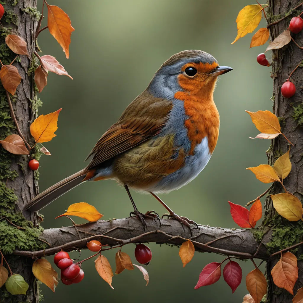 a bird sitting on a branch surrounded by leaves and berries on a tree branch with a green background and a green background, photorealism, an airbrush painting, David Martin, highly detailed digital painting