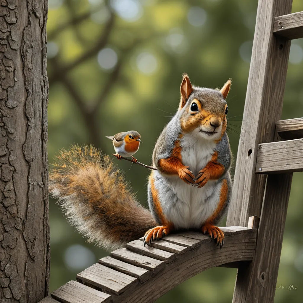 a squirrel sitting on a wooden bench next to a bird on a tree branch with a bird perched on the back of the squirrel, photorealism, a digital painting, David Martin, highly detailed digital painting