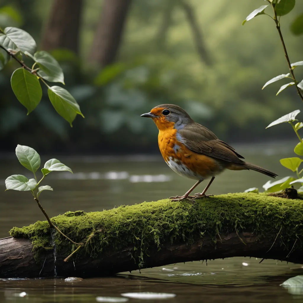 a bird sitting on a branch in the water near a tree branch with moss growing on it and a river in the background, naturalism, a photorealistic painting, Arie Smit, wildlife photography