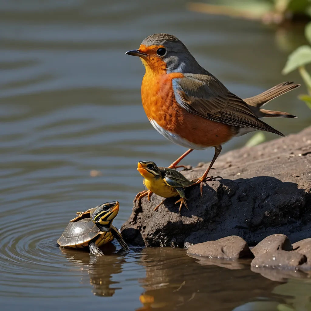 a bird standing on a rock next to a turtle in a pond of water with a turtle nearby on the ground, massurrealism, a picture, Christopher Williams, award-winning photograph