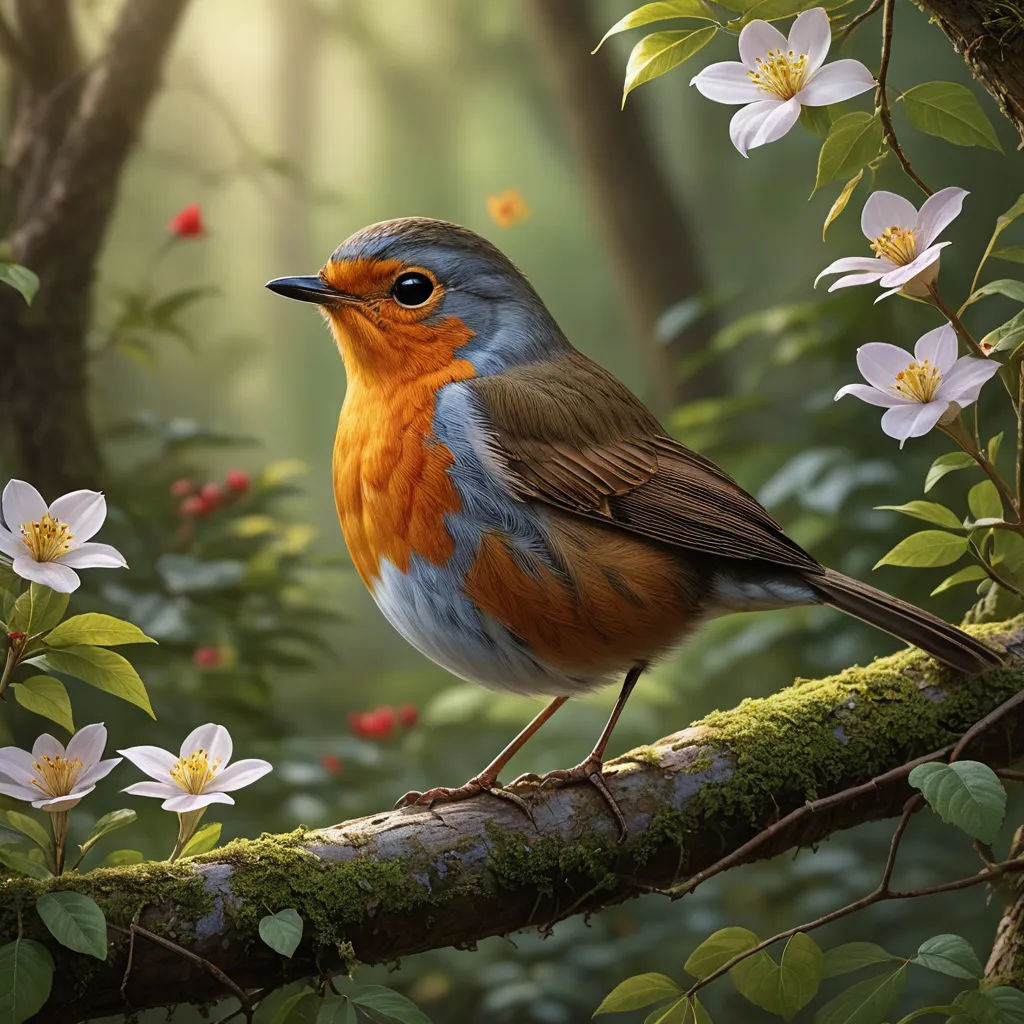 a bird sitting on a branch in a forest with flowers and leaves around it, with a background of trees and flowers, photorealism, a digital painting, David Martin, highly detailed digital painting