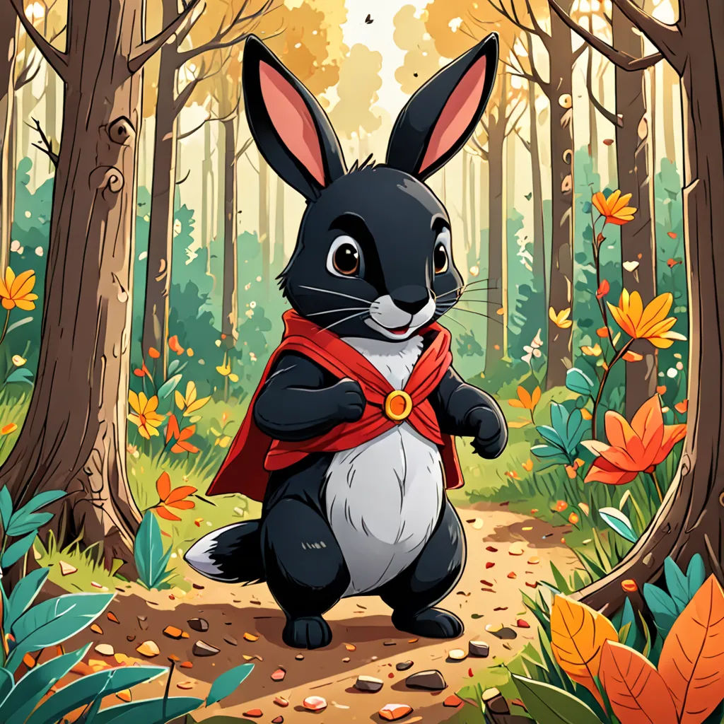 a cartoon rabbit in a forest with trees and leaves around him, with a red cape around his neck, furry art, a storybook illustration, Chris LaBrooy, official art