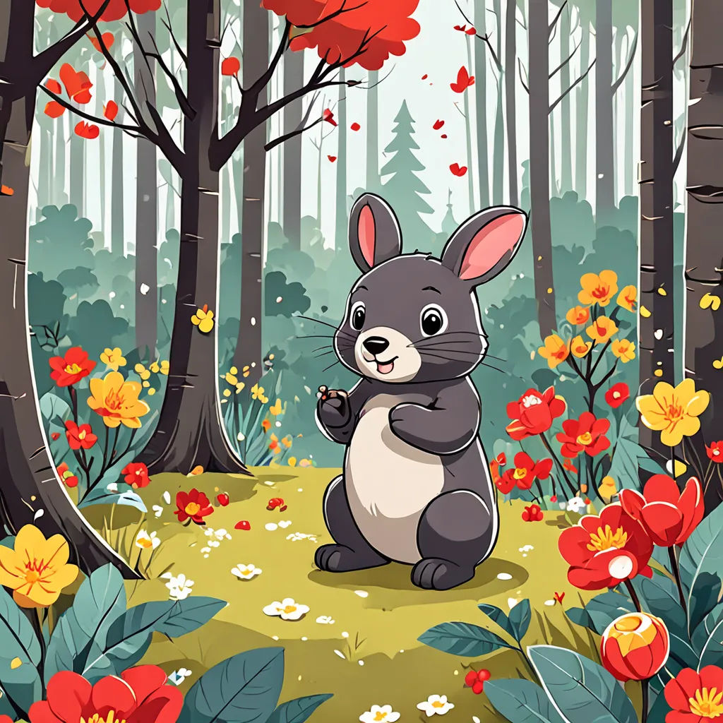 a cartoon rabbit sitting in the middle of a forest with flowers and trees around it, surrounded by red and yellow flowers, fantasy art, a storybook illustration, Beatrix Potter, storybook illustration