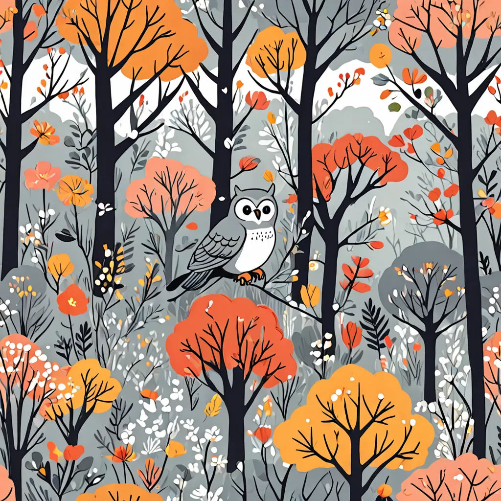 a bird sitting on a branch in a forest filled with trees and leaves, with a sky background of orange, yellow, and gray leaves, folk art, a storybook illustration, Carle Hessay, autumn
