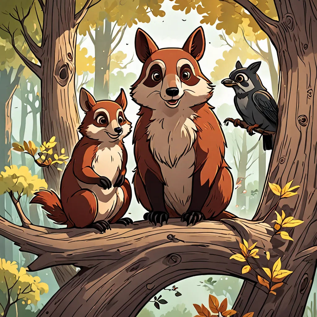 a couple of animals sitting on top of a tree branch in a forest with leaves and a bird on the branch, furry art, a storybook illustration, Dan Mumford, comic cover art
