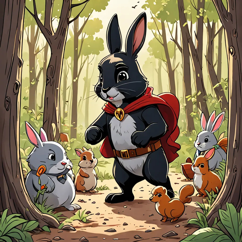 a cartoon of a rabbit with a red cape surrounded by rabbits in a forest with trees and grass, with a red cape on, fantasy art, a storybook illustration, Beatrix Potter, storybook illustration
