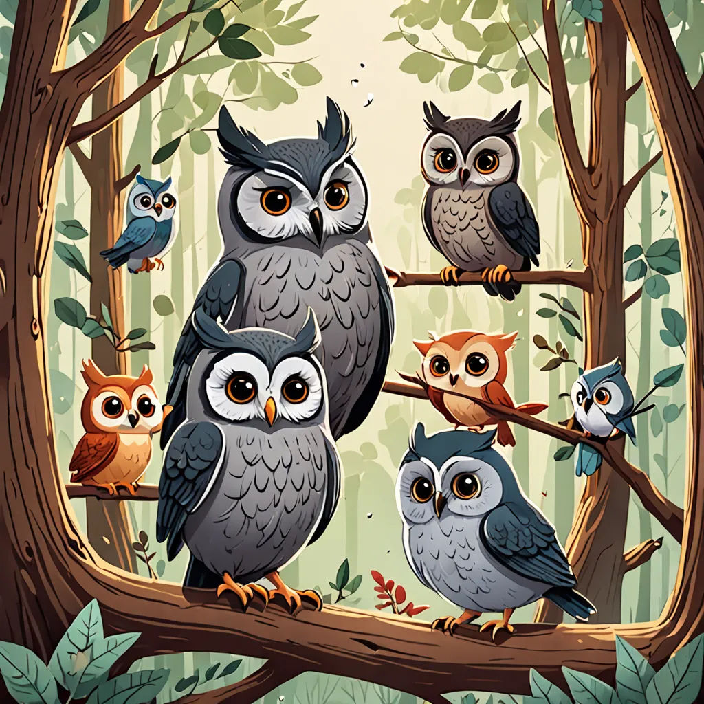 a group of owls sitting on a tree branch in a forest with leaves and branches around them, all looking different directions, incoherents, a storybook illustration, Chris LaBrooy, storybook illustration