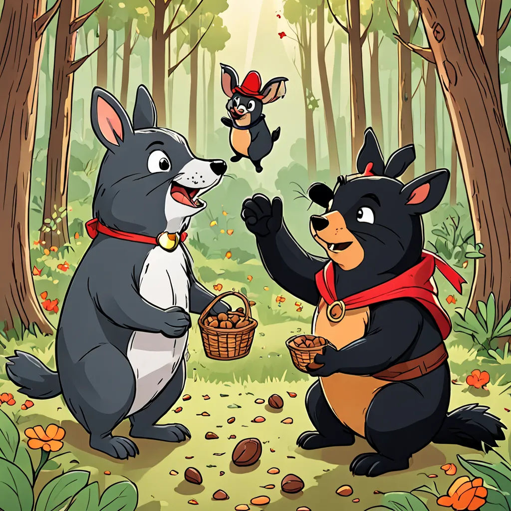 a couple of animals that are in the woods together with a basket of food in their hands and a bird flying above them, sots art, a storybook illustration, Anson Maddocks, key art