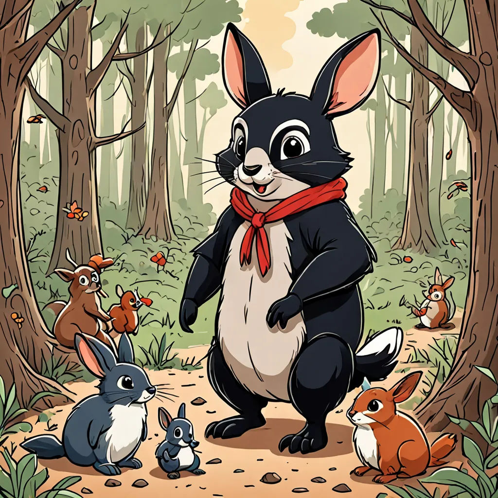 a cartoon of a rabbit standing in the woods surrounded by other animals and trees, with a red scarf around his neck, furry art, a storybook illustration, Beatrix Potter, comic cover art