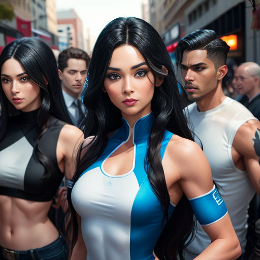 a group of people standing next to each other in a city street with a woman in a blue and white outfit