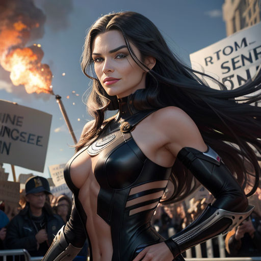 a woman in a leather outfit holding a sign and a fire in the background with a crowd of people