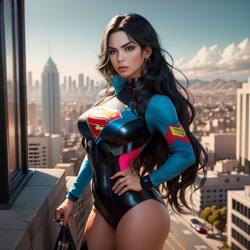 a woman in a costume standing on a ledge with a city in the background and a handbag in her other hand