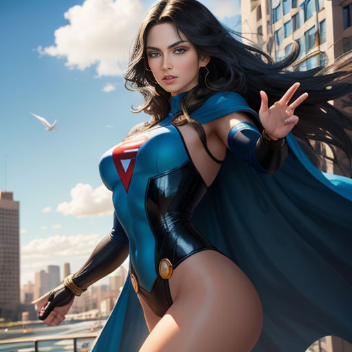 a woman in a blue costume is posing for a picture in a city with a bird flying overhead and a bird flying overhead