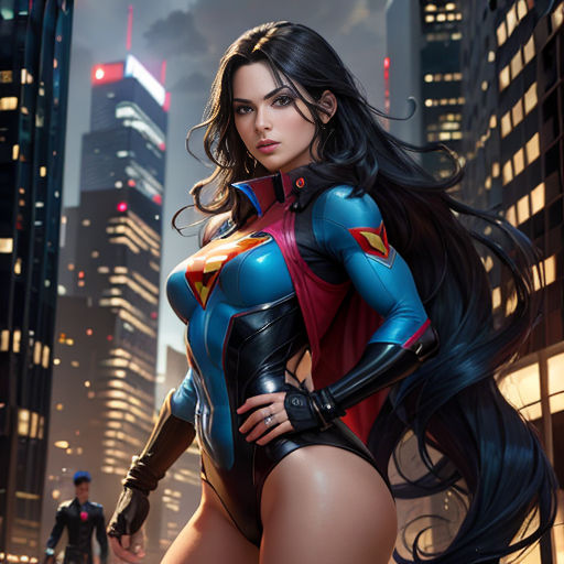 a woman in a superhero suit standing in front of a cityscape at night with a man in the background